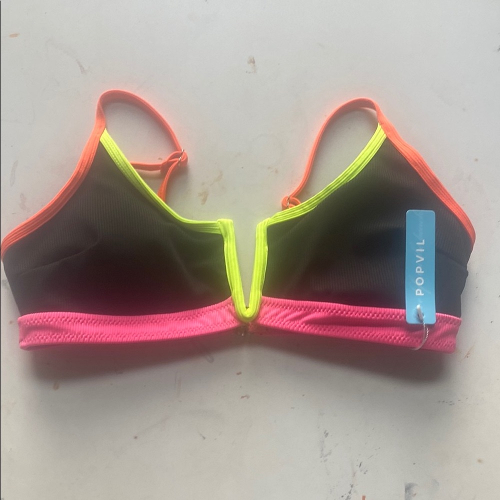 Black and Yellow Color-Block Bikini Top with Supportive Design